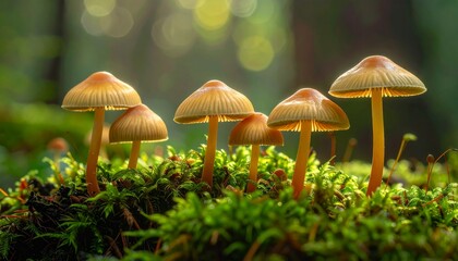 Fototapeta premium Group of small mushrooms growing in lush green moss