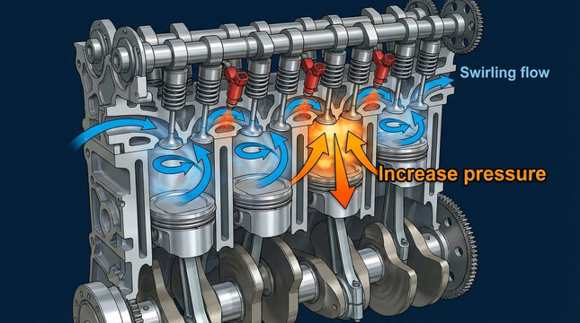 Detailed cutaway illustration of a four-cylinder internal combustion engine showing piston movement and swirling fuel-air mixture