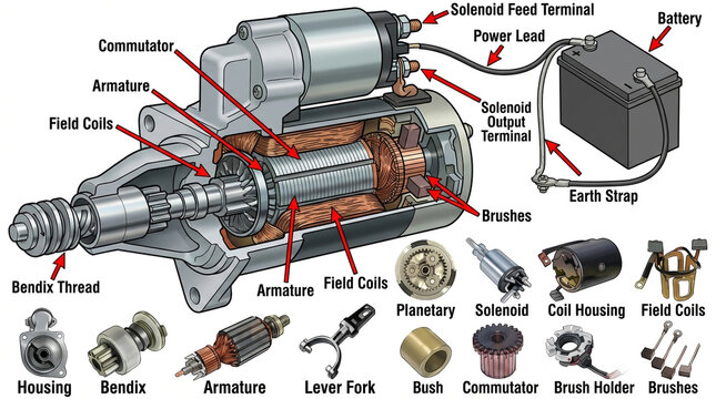 Detailed Cutaway Diagram of a Car Starter Motor with Labeled Components engine automotive