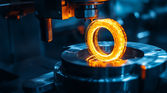 Machining process heats metal ring to glowing orange. Precision tool cuts through hot metallic component. Bright illumination highlights industrial manufacturing