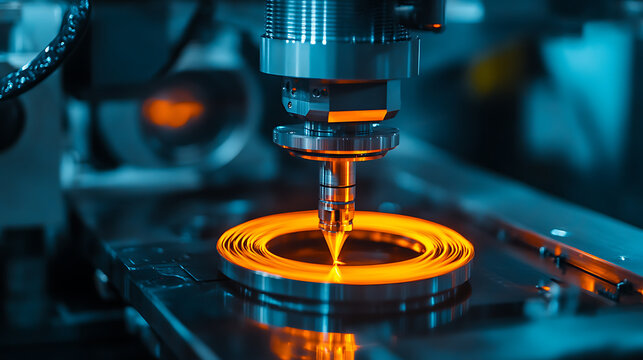 Precision laser cuts metal component with bright orange glow. Machine head hovers above circular workpiece steadily. Industrial setting features cool blue ambient lighting