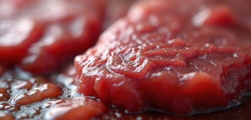 Obraz premium Close up shot of red meat slices, likely beef lamb, cooked in pan with juices. Texture details prominent, showing rich, glossy surface, wavy patterns. Appears to part of meal preparation cooking