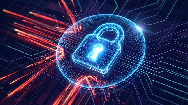 cyber security firewall protection concept with blue glowing neon padlock and spherical shield deflecting red digital attacks on futuristic circuit board background illustration