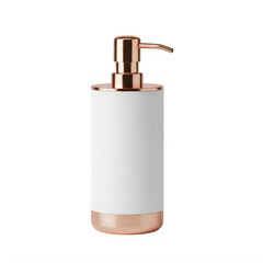 Obraz premium Modern soap dispenser with brass pump and white body isolated on white background