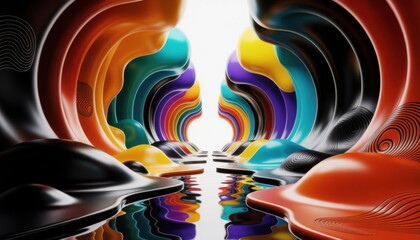 Obraz premium Abstract swirling colorful fluid shapes reflected in water surface, vibrant modern art background