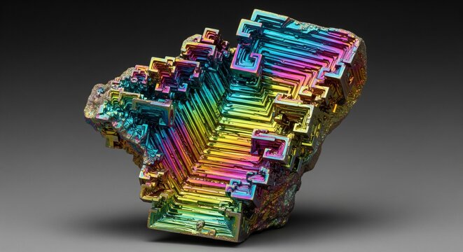 Colorful bismuth crystal with iridescent rainbow metallic sheen and geometric stepped structure with oxide layer