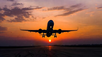 Fototapeta premium Silhouette of an airplane taking off from the runway against a beautiful golden sunset sky scenery