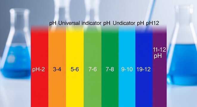 Ph scale chart with rainbow colors and corresponding ph values from 1 to 12 beside laboratory glassware with ph scale