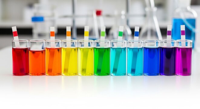 Row of glass beakers filled with rainbow colored liquids and ph test strips in a science laboratory setting with test tube