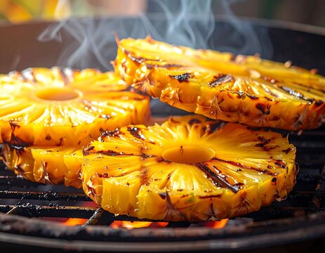 Close-up of four grilled pineapple slices on a barbecue grill. Smoke rises, highlighting the char marks and juicy texture