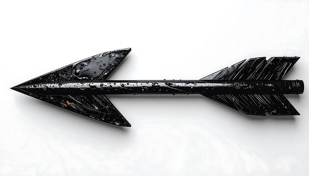 Close-up of a weathered, black arrow on a white surface, showcasing a metal arrowhead, shaft, and fletching details