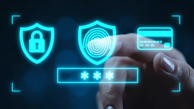 online data security a hand interacts with a digital interface displaying credit card payments and secure password.
