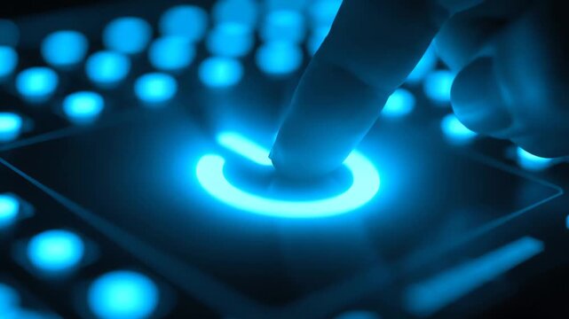 person activating futuristic digital interface with glowing circular button in dark setting for tech presentations