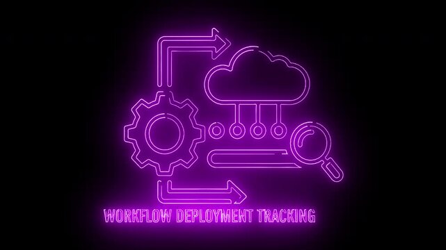 Neon-lit illustration of workflow deployment tracking with gear, cloud, and magnifying glass on black background.