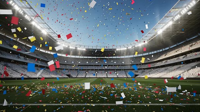 stadium confetti celebration over empty soccer arena at night