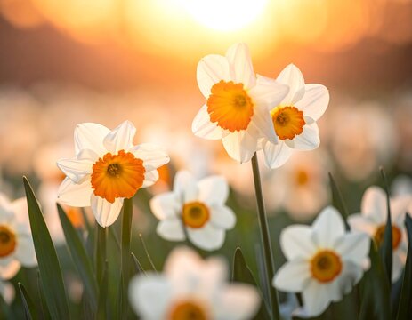 Close-up of daffodils basking in golden sunlight at dawn. White petals with orange centers. Blurry background