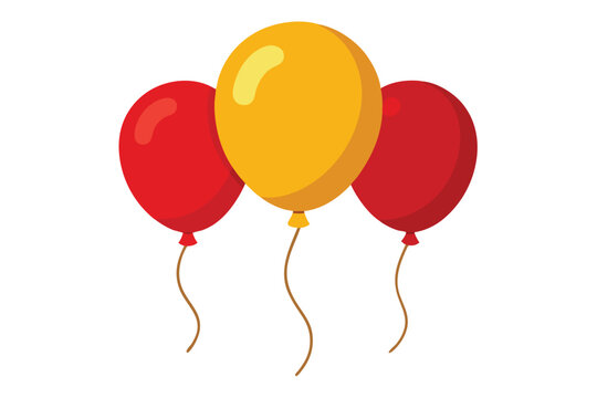 A yellow and two red balloons on strings isolated on transparent background, Vector
