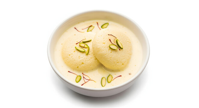 Soft Indian rasmalai paneer discs soaked in creamy cardamom milk with pistachios and saffron, isolated on a white background