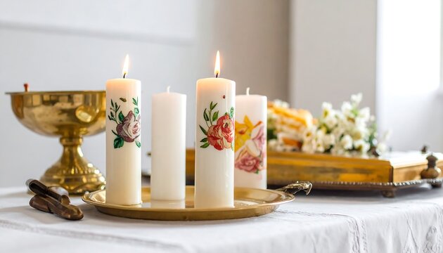 Close-up of four pillar candles, two lit, with painted floral designs, on a gold tray. A brass goblet and white flowers are nearby