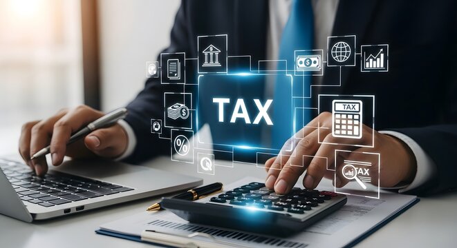 taxes with financial icons and laptop, symbolizing financial management and accounting services