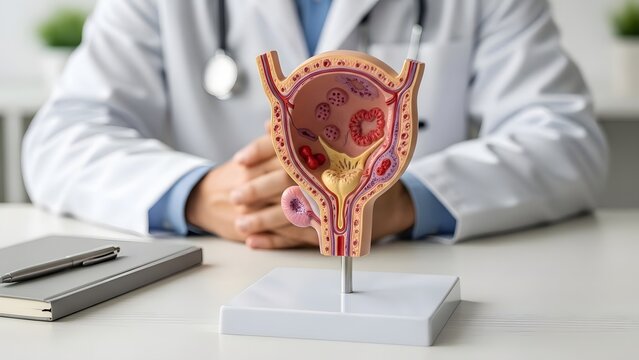 Bladder Cancer Awareness Month Medical professional discussing human bladder anatomy and urological health issues with a patient, utilizing a detailed anatomical model for clear explanation