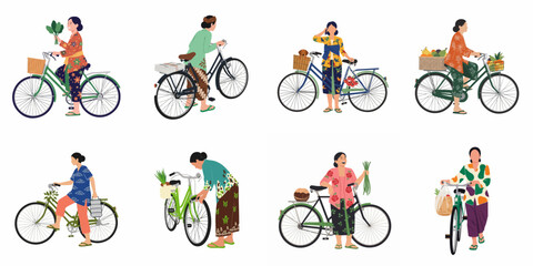 Naklejka premium Flat illustration set of Indonesian women in traditional kebaya with bicycles carrying various market goods, groceries, and daily items.