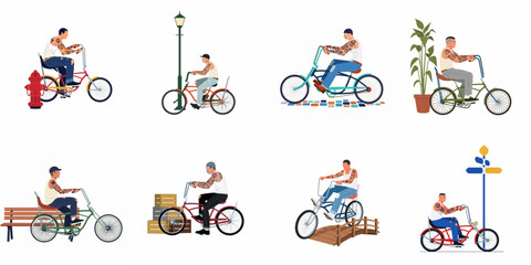 Fototapeta premium Set of flat vector illustrations featuring a tattooed man riding various custom lowrider bicycles in different urban settings, isolated on white background.