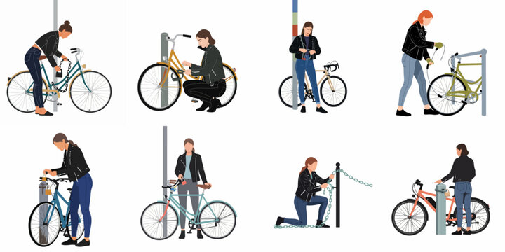 Flat vector illustrations set of young women in leather jackets locking their bicycles to poles and racks using chains and padlocks.