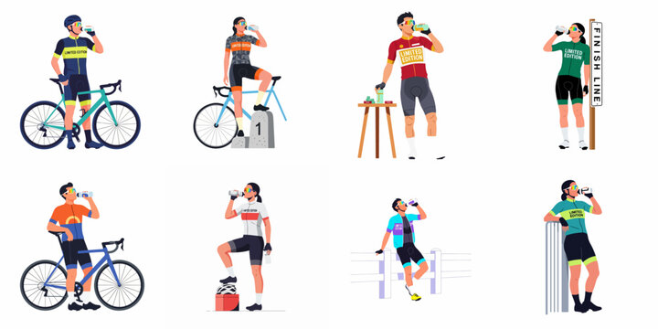 Flat vector illustration set of male and female professional cyclists hydrating with water bottles after a ride or race, isolated on white background.