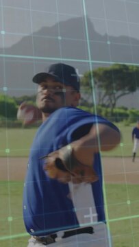 Vertical video: Pitcher adjusting glove starting windup to throw pitch in sports grid tracing path