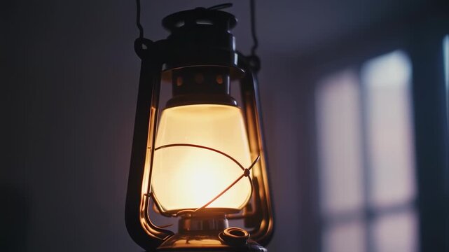 Close-up of a vintage kerosene lamp, glowing warmly in a dark room