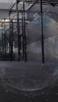 Vertical video: Man entering frame, walking, jogging, bending, running, globe tracking gym metrics