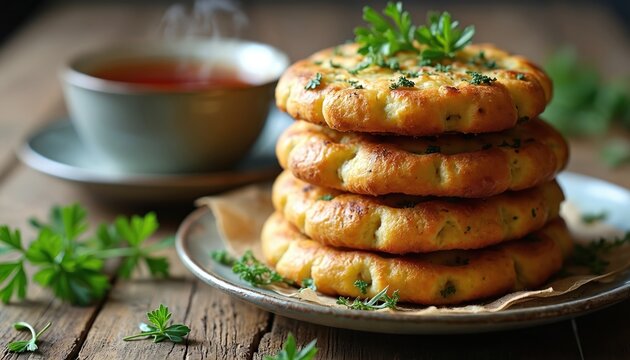 Stack of herb-infused bannock breads served with hot steaming tea on rustic wooden table. Delicious homemade baked goods with fresh parsley garnish.