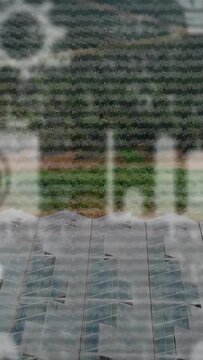 Vertical video: Camera pushing forward, lace curtain sliding, roof showing vents revealing detail