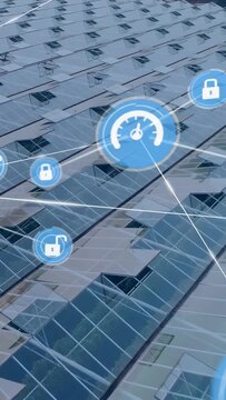 Angled glass roof panel framing scene lock node fading in and starting gauge grid monitoring solar