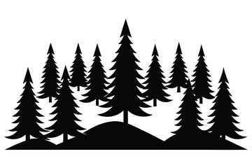 Obraz premium A black silhouette of a forest of pine trees isolated on transparent background, Vector