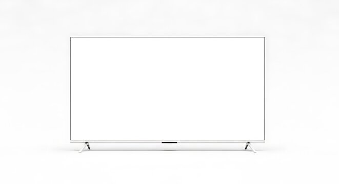 Large modern flat screen television with blank white screen isolated on a white background for home entertainment mockups