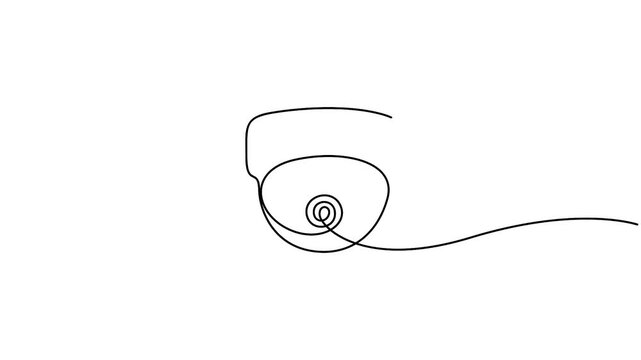 Self animated minimalist, continuous line art illustration of a security camera or surveillance camera