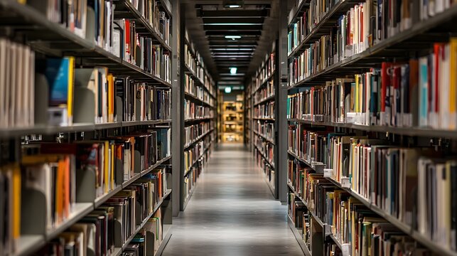 Long library aisle with bookshelves.