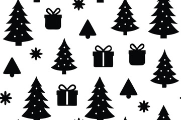 Obraz premium Black and white christmas tree pattern with gifts isolated on transparent background, Vector
