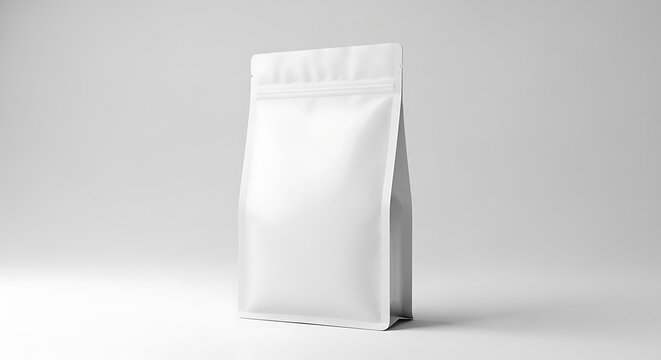 Blank white stand up pouch bag with zipper seal isolated on a white background for food packaging and product branding