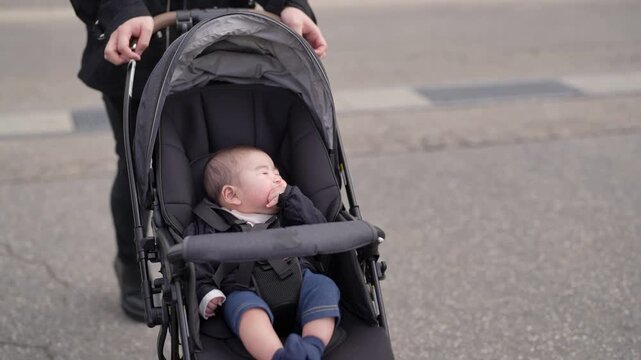 Baby sleeps peacefully in stroller. Adult pushes stroller along paved road. Soft light, calm moment, gentle pace. Perfect for parenting or travel scenes. No animals or plants visible