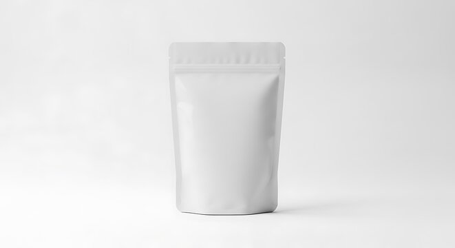Small blank white stand up pouch with zipper seal isolated on a white background for food packaging and product branding mockups