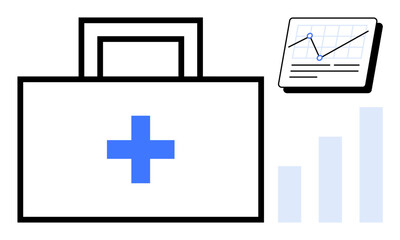 Obraz premium Medical kit with a blue cross, a data chart with growth graph, and vertical bars. Ideal for health management, analytics, medical growth, data tracking, healthcare planning, research simple flat