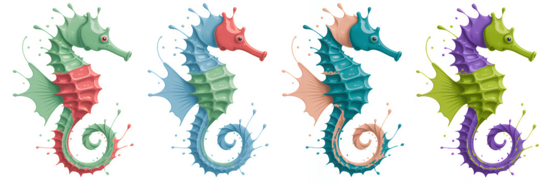 Colorful seahorses with paint splatters on white background marine