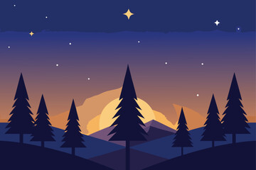 Fototapeta premium A serene landscape with trees and stars isolated on transparent background, Vector