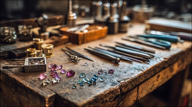 Jewelry making tools and gemstones on workbench.