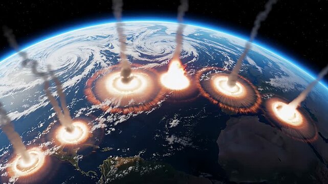 earth from space with blazing fireballs streaking over the horizon