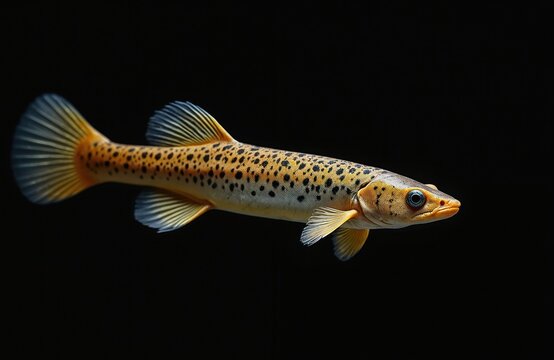 Polypterus endlicheri fish swims in dark water. Spotted bichir has scales and fins. This ancient predator lives in freshwater habitats. Its body is long and patterned.