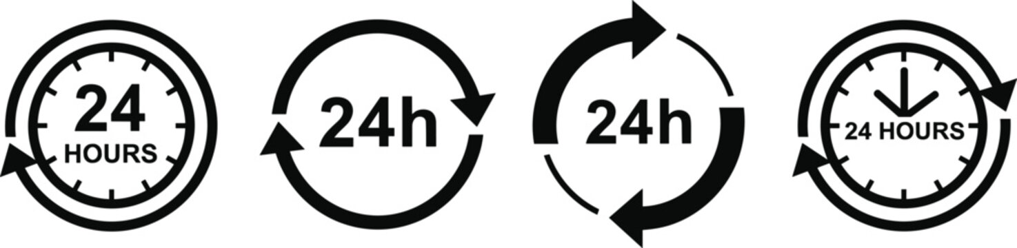 Twenty four hour service icons set with circular arrows and clock symbols in minimal black vector design for business availability concepts